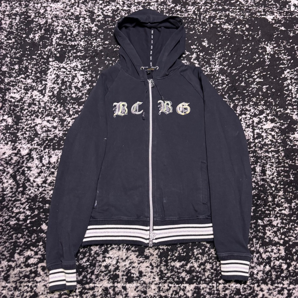 BCBG Max Azria Y2K Gothic Logo Zip Up Hoodie Black Striped Trim Large